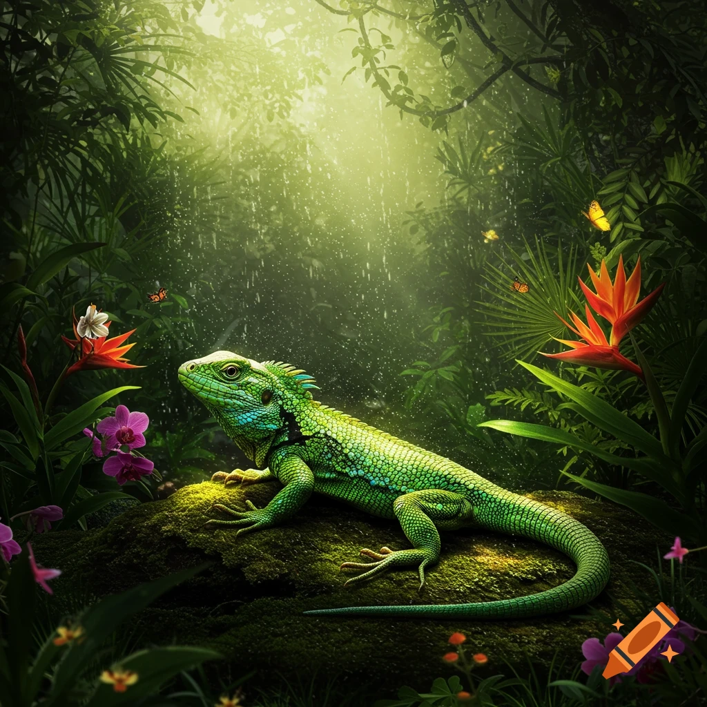 A vibrant green lizard rests on a mossy rock in a lush, sunlit rainforest with tropical flowers and falling rain.