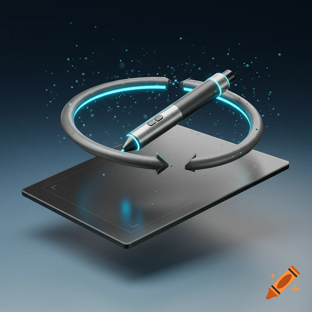 A sleek 3D rendered stylus pen and a digital tablet, glowing with blue light, rotate in opposite directions.