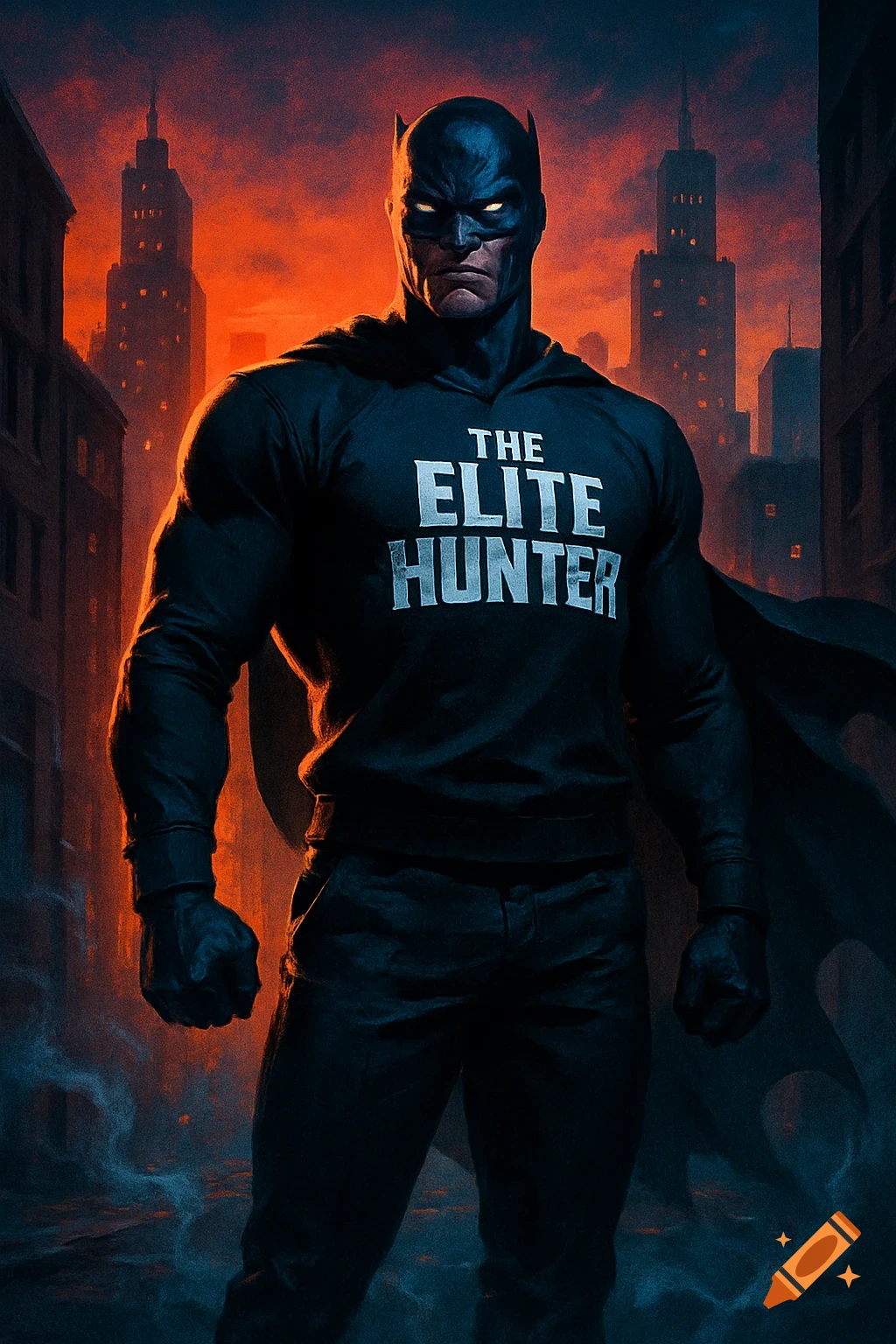 A muscular 'Elite Hunter' superhero in a black hooded sweatshirt with glowing eyes and a cape stands in a stylized city at dusk.