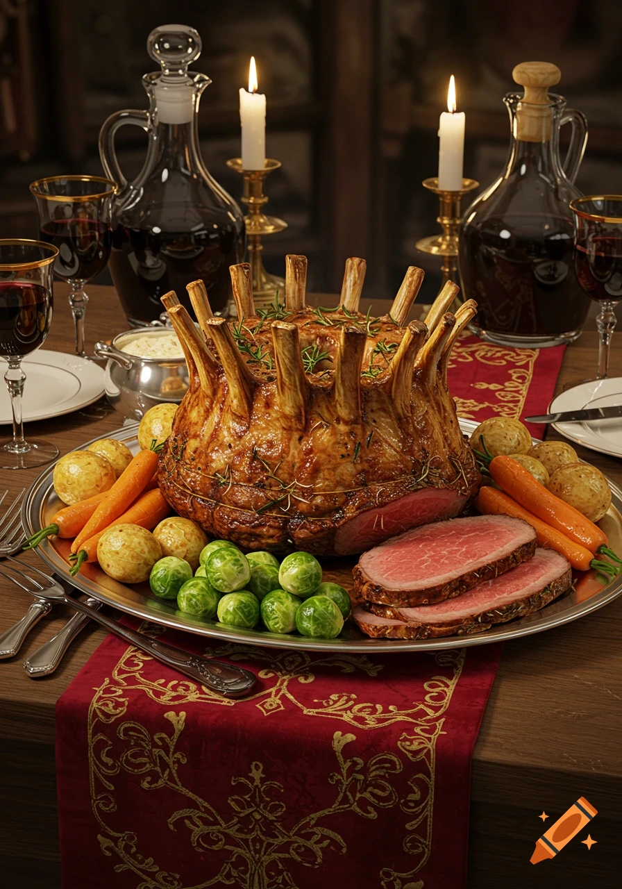 Photorealistic image of a crown roast surrounded by roasted vegetables on a platter, set on a dining table with wine and candles.