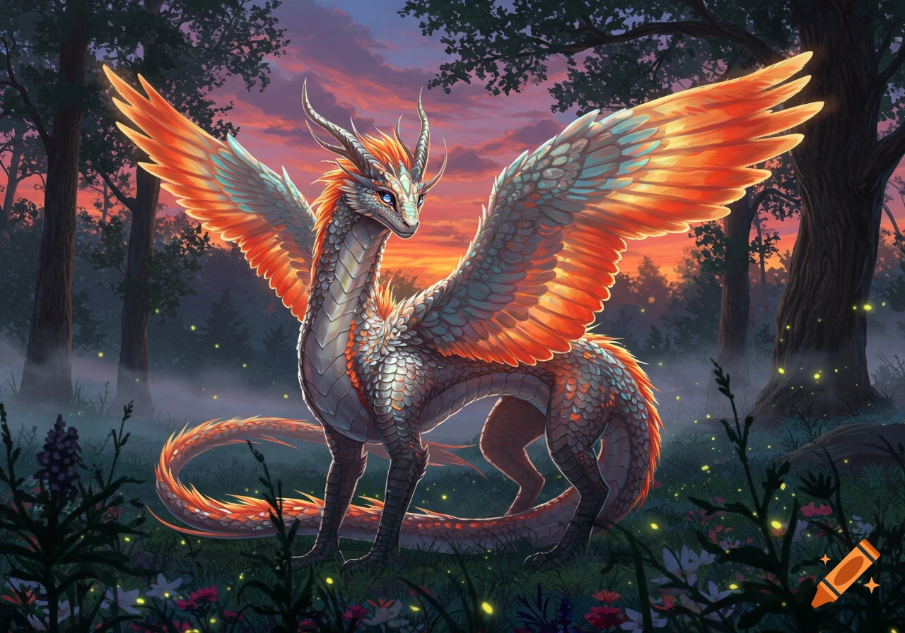 A majestic winged dragon with silver scales and bright orange and blue wings stands in a misty forest at sunset.