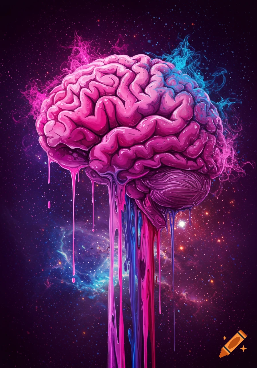 A vibrant, psychedelic human brain dripping with pink and blue liquid against a cosmic galaxy background.