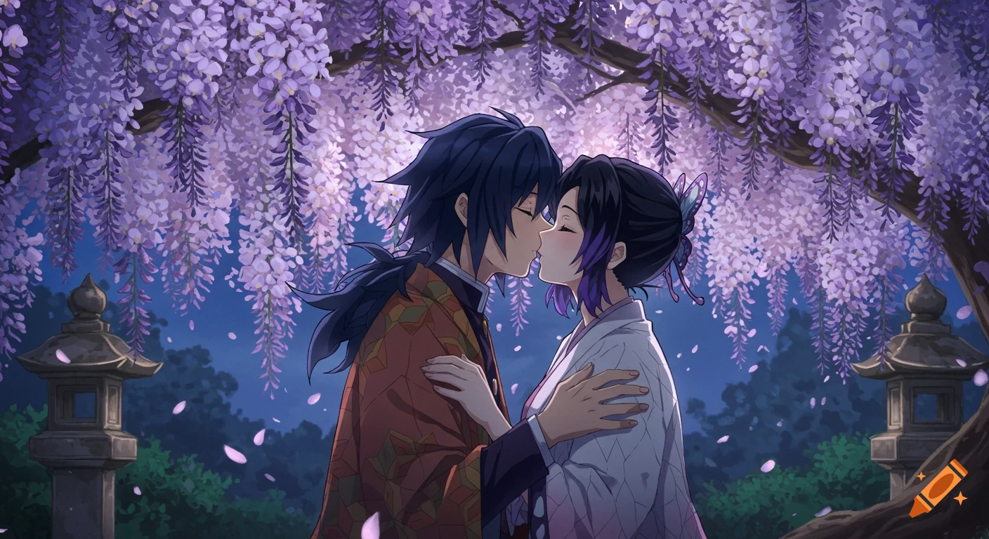 Anime characters Giyuu Tomioka and Shinobu Kocho kiss passionately under a blooming purple wisteria tree at night.