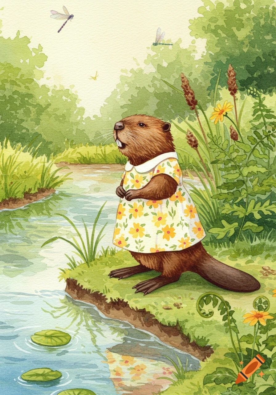 A watercolor illustration of a beaver in a yellow floral dress standing by a stream with lily pads and dragonflies.