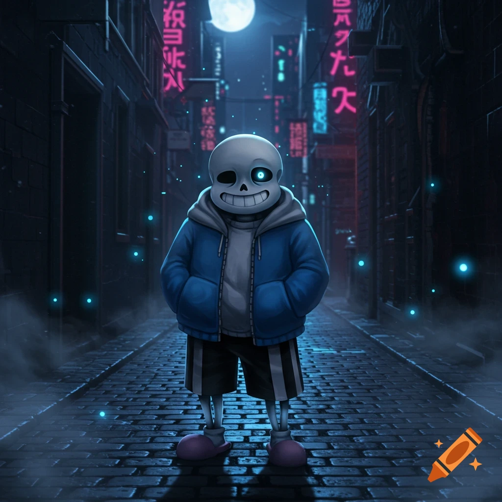 Sans the skeleton stands in a dark, neon-lit cyberpunk alley under a full moon.