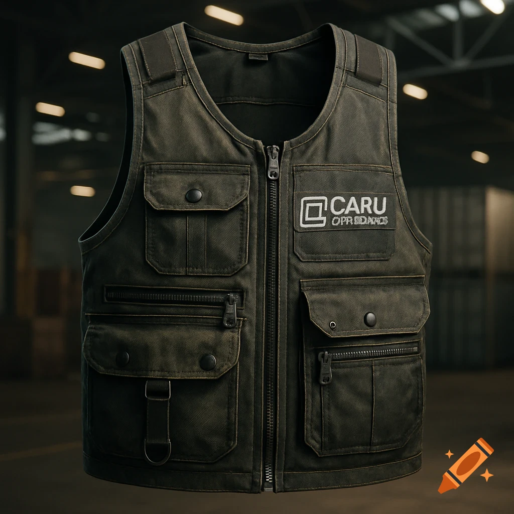 A photorealistic dark green utility vest with many pockets and zippers, featuring a white patch with "CARU OPR BIDANOS" text and a logo.