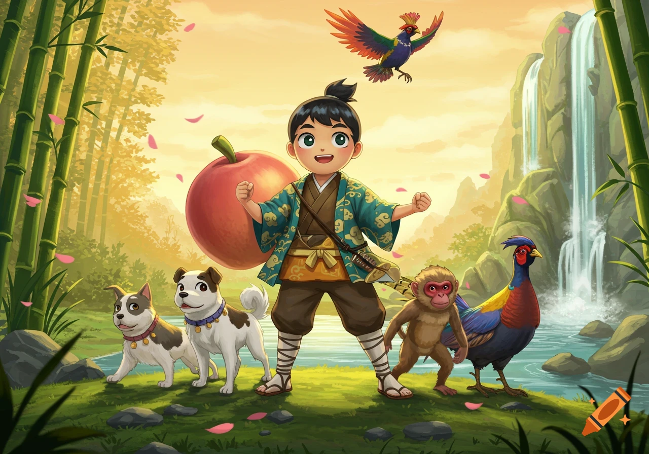 A cartoon boy in traditional Japanese attire with two dogs, a monkey, and two pheasants, standing with a giant apple in a bamboo forest.