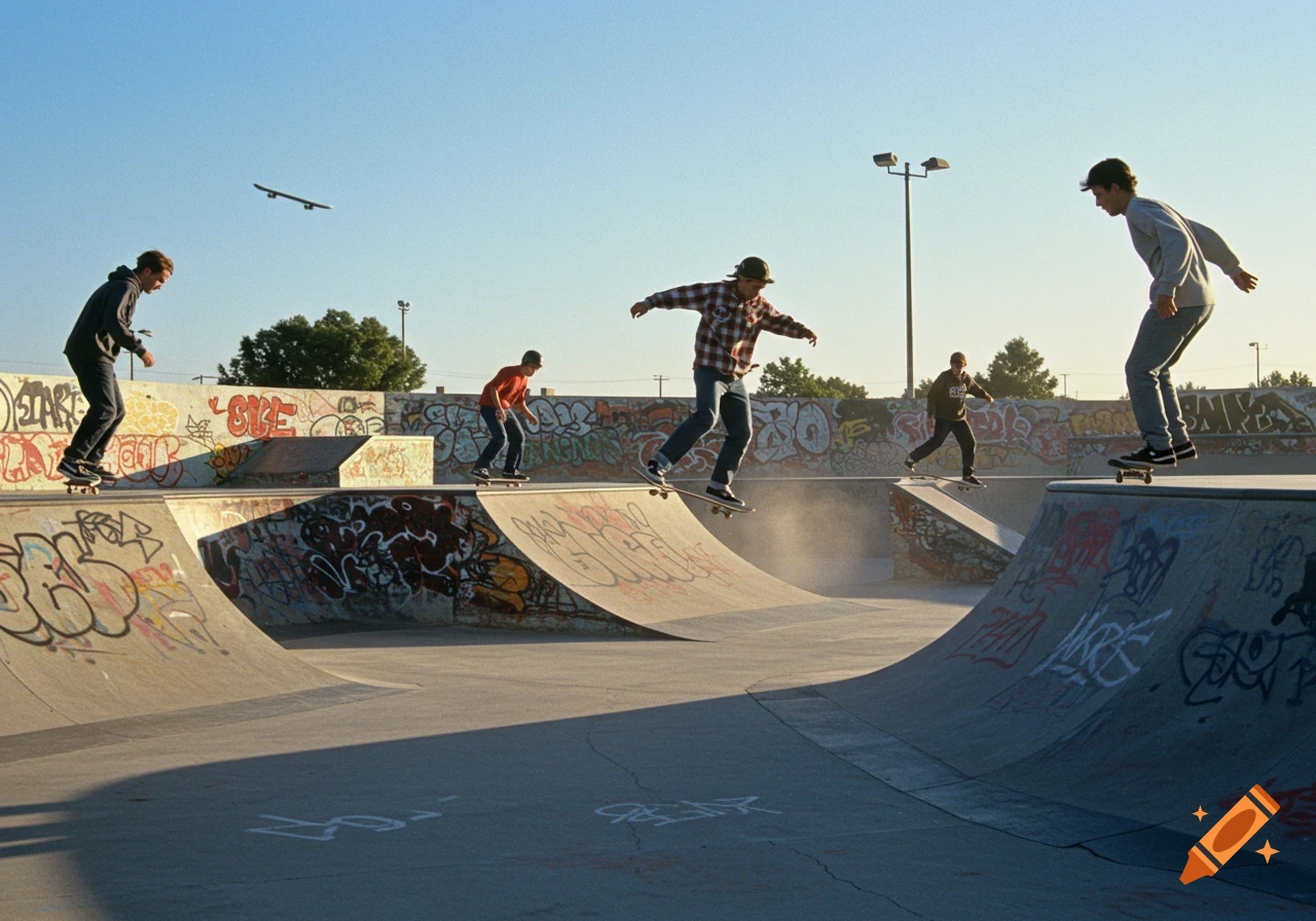 Photorealistic image of multiple skateboarders performing tricks in a sunlit concrete skate park covered in graffiti.