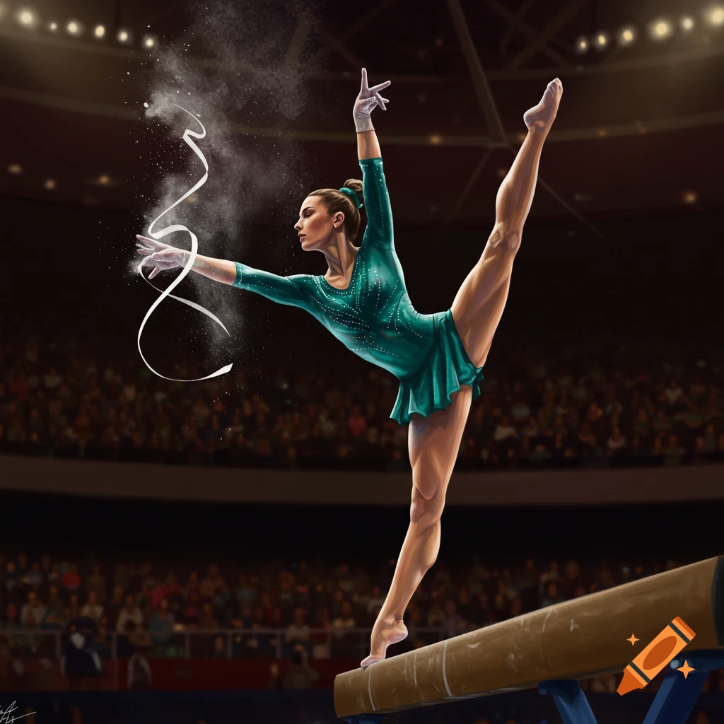 A female gymnast in a teal leotard balances on a beam, with one leg raised and a flowing white ribbon effect around her hands, in a dimly lit stadium.