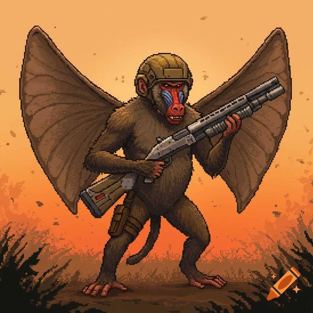 A pixel art winged baboon creature wearing a tactical helmet stands against an orange sky, holding a shotgun.