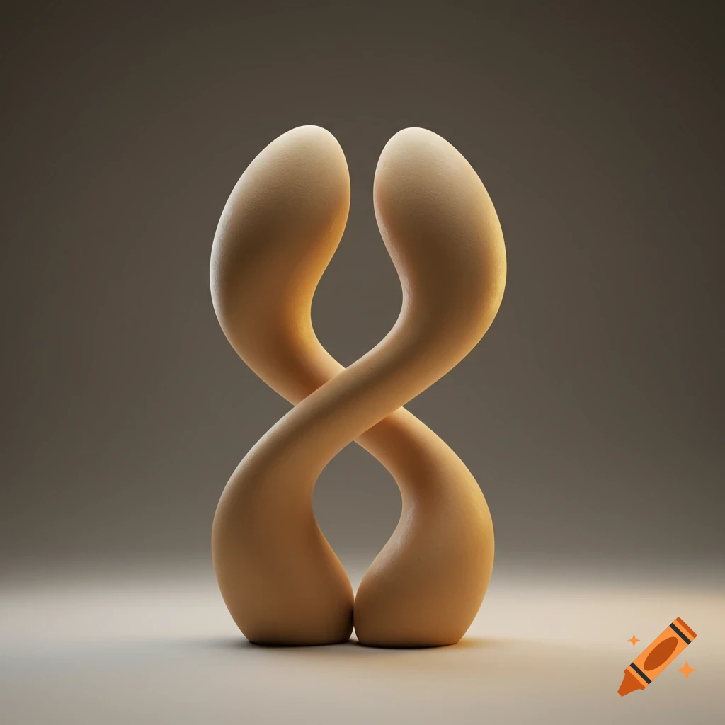 An abstract biomorphic sculpture featuring two intertwined, smooth, light-colored forms against a grey background.