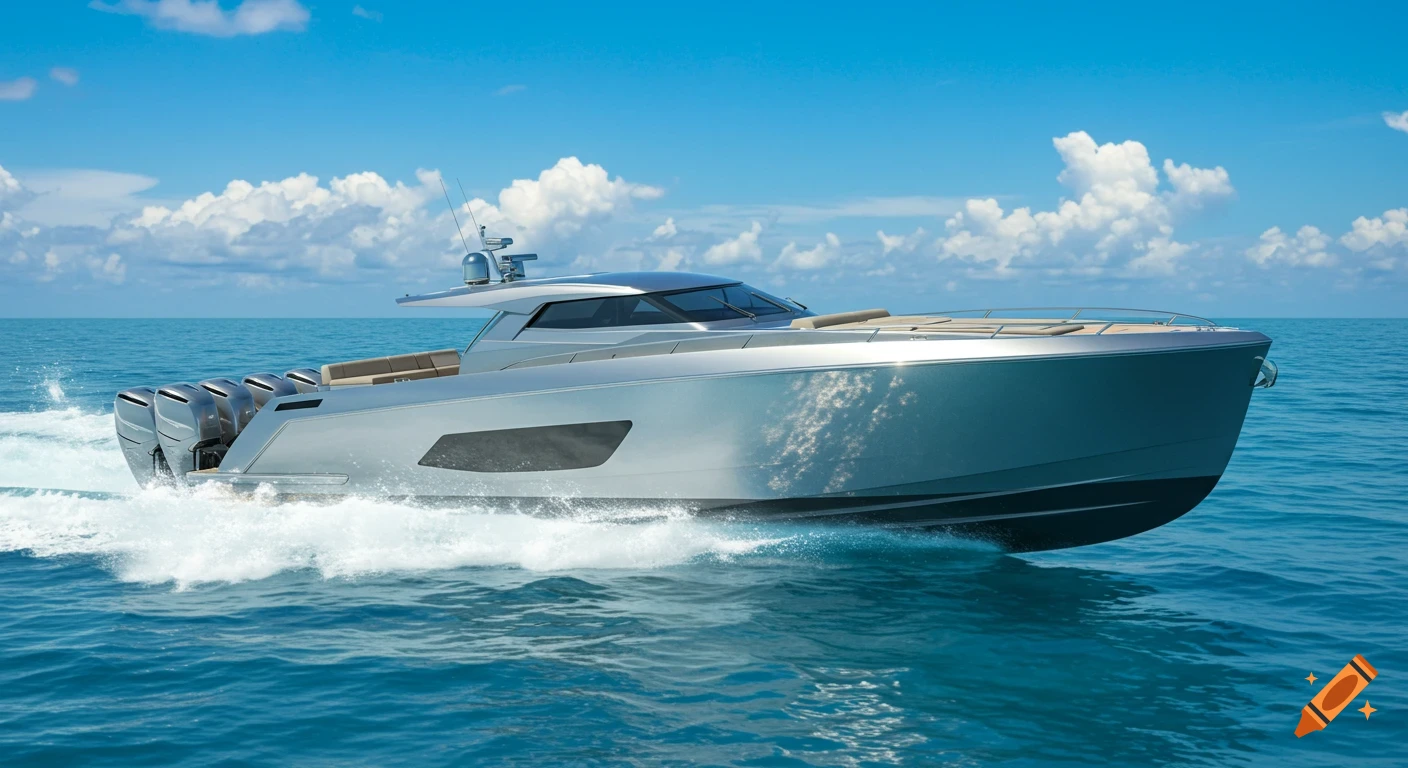 A modern silver speedboat with four outboard motors speeds across a clear blue ocean under a partly cloudy sky.