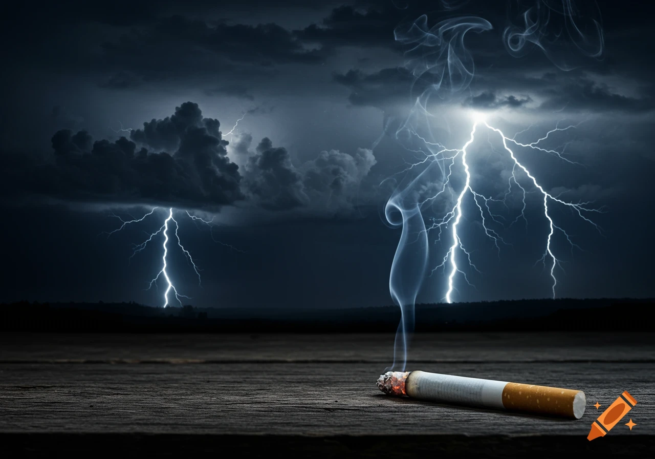 A lit cigarette smokes on a wooden surface in the foreground, with a dramatic, dark thunderstorm sky and lightning in the background.