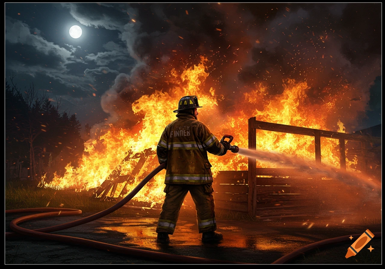 A firefighter in uniform battles a large fire at night, spraying water from a hose under a full moon.