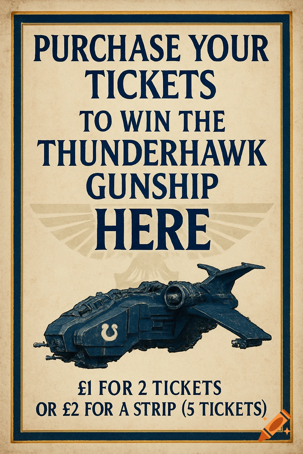 Vintage-style raffle poster on aged parchment, advertising tickets to win a dark blue Thunderhawk Gunship. Text details ticket prices.