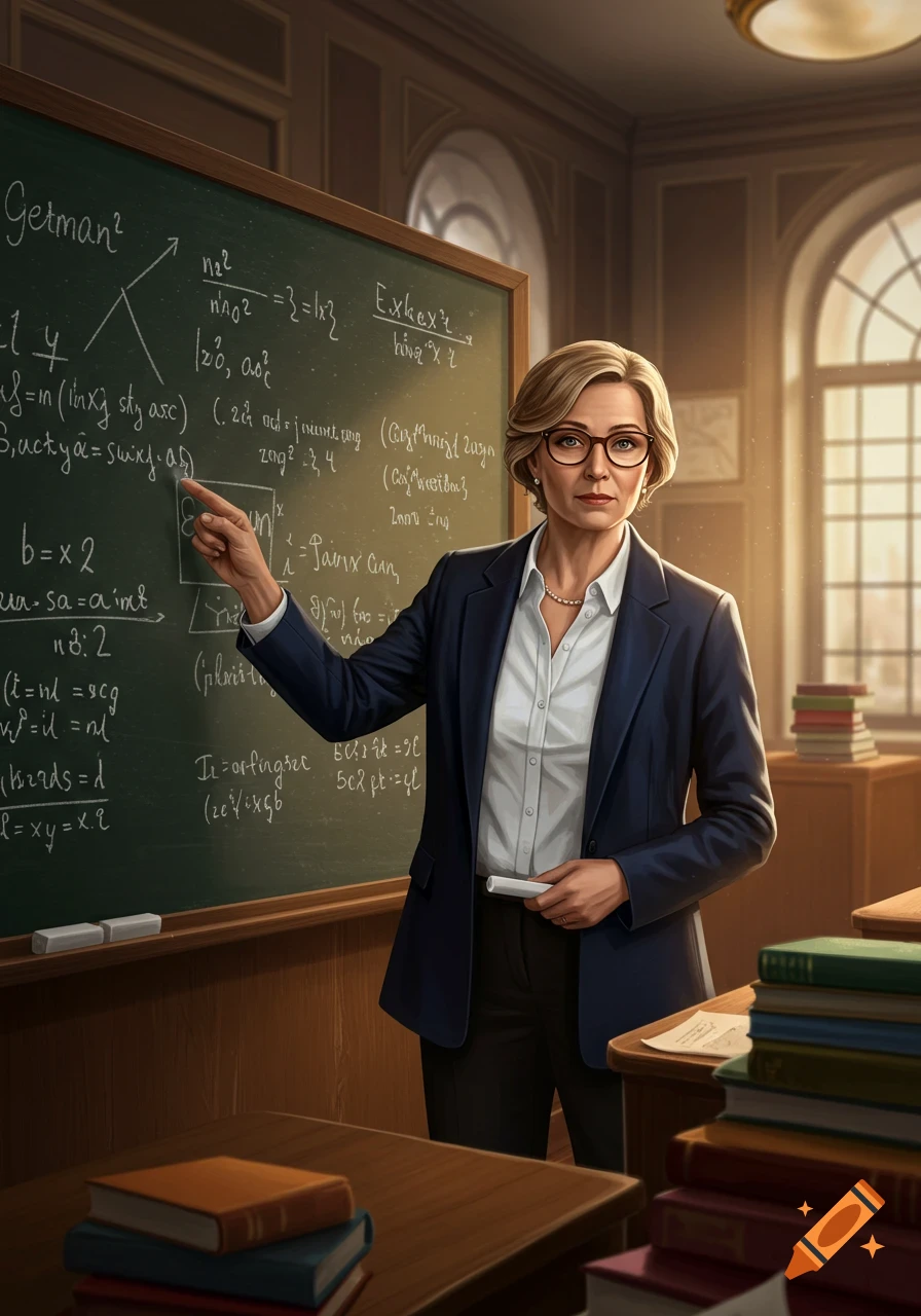 A female teacher in glasses, wearing a suit, points at a blackboard full of equations and text in a sunlit classroom, holding chalk.