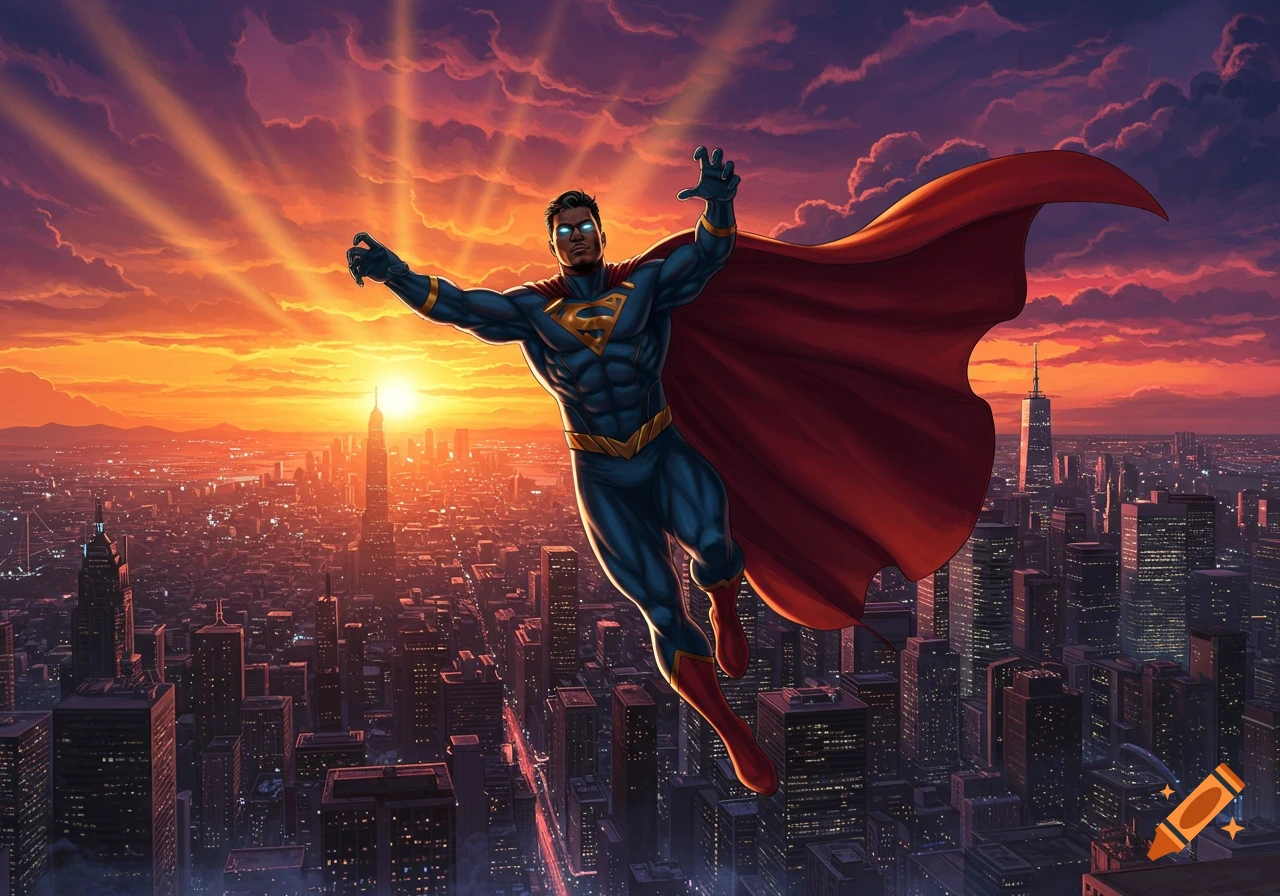A dark-skinned superhero in a blue suit and red cape flies over a city at sunset, glowing eyes focused.