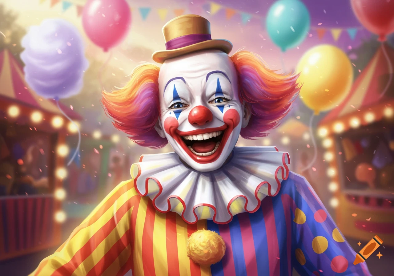 A vibrant illustration of a happy clown with colorful hair and makeup, wearing a ruffled collar, at a festive carnival with balloons.