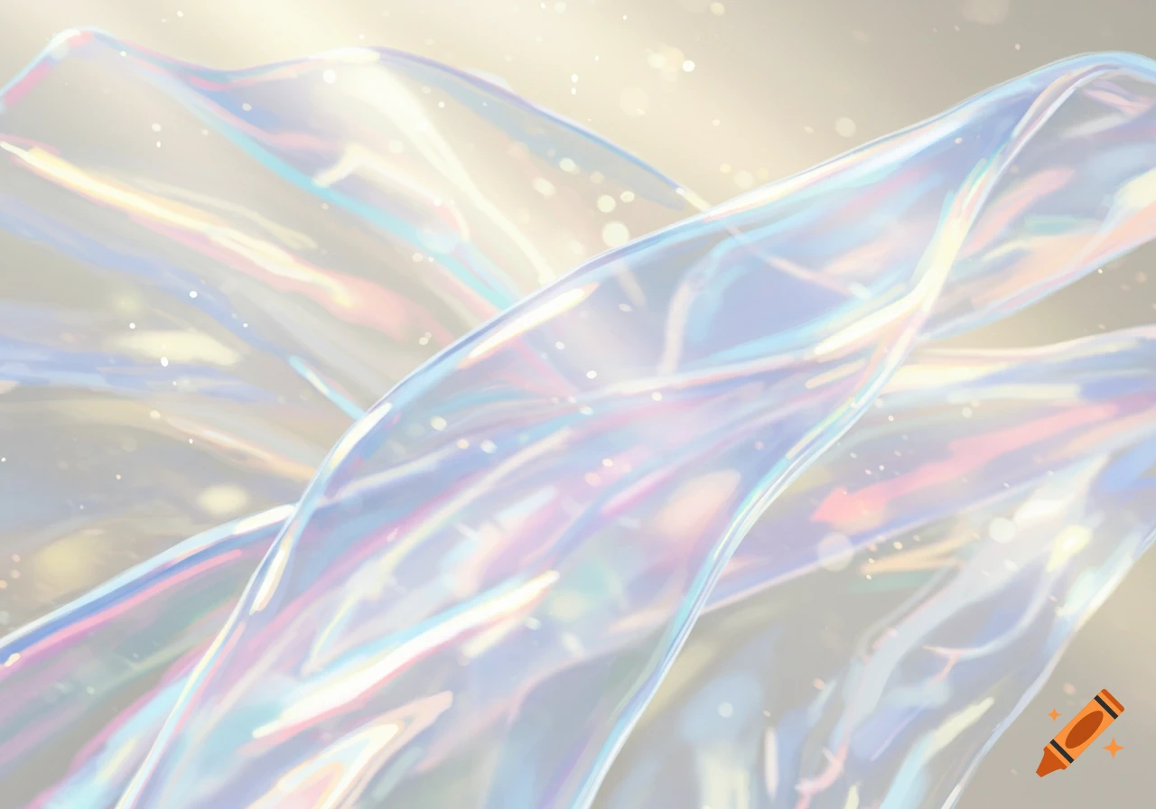 Abstract composition of flowing iridescent translucent ribbons with soft light and bokeh.