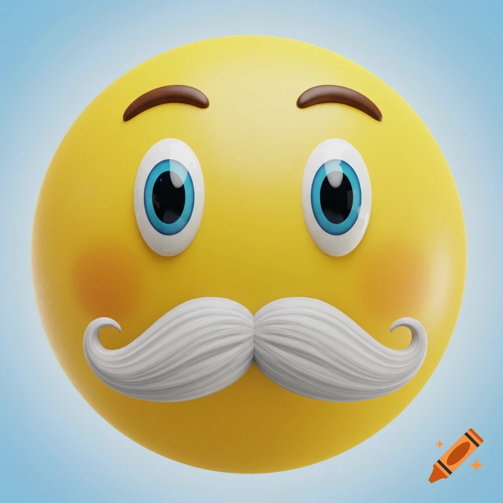 A yellow oval smiley face with wide blue eyes, brown eyebrows, and a white mustache, against a light blue background.