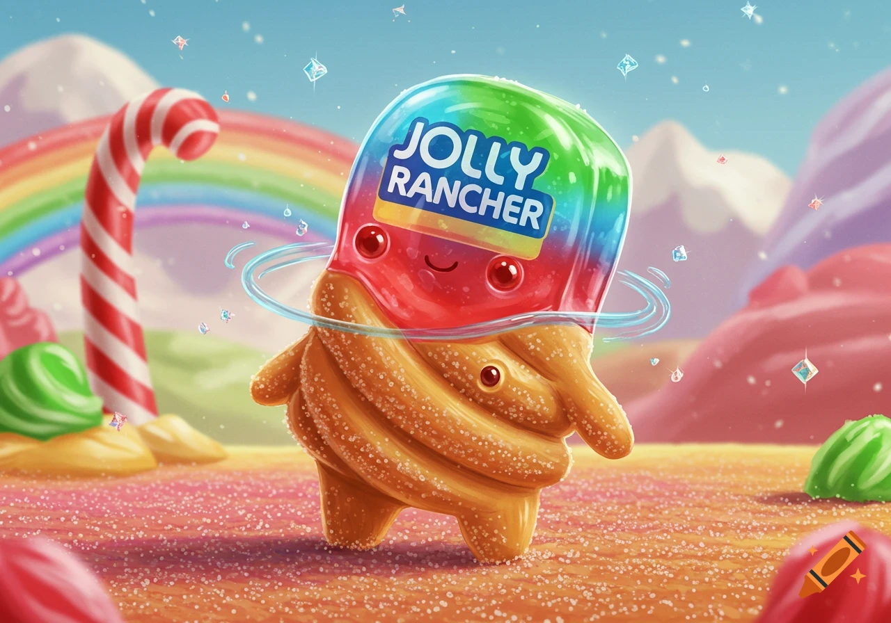 A cute, cartoonish living Jolly Rancher and churro hybrid character stands in a colorful candy land with a rainbow.