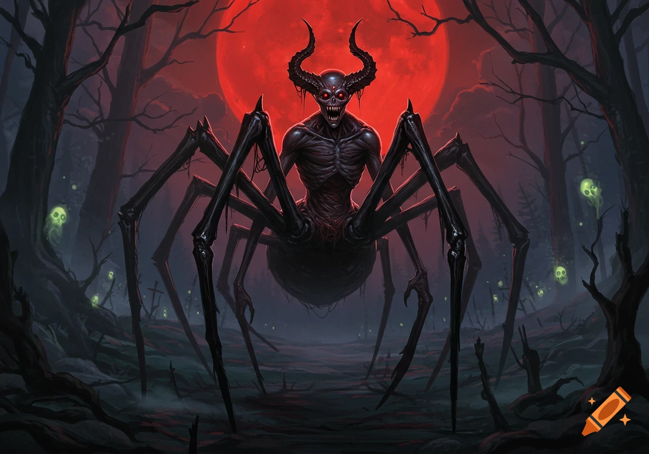 A demonic horned spider creature with red eyes stands in a dark forest under a blood-red moon, surrounded by glowing ghost skulls.