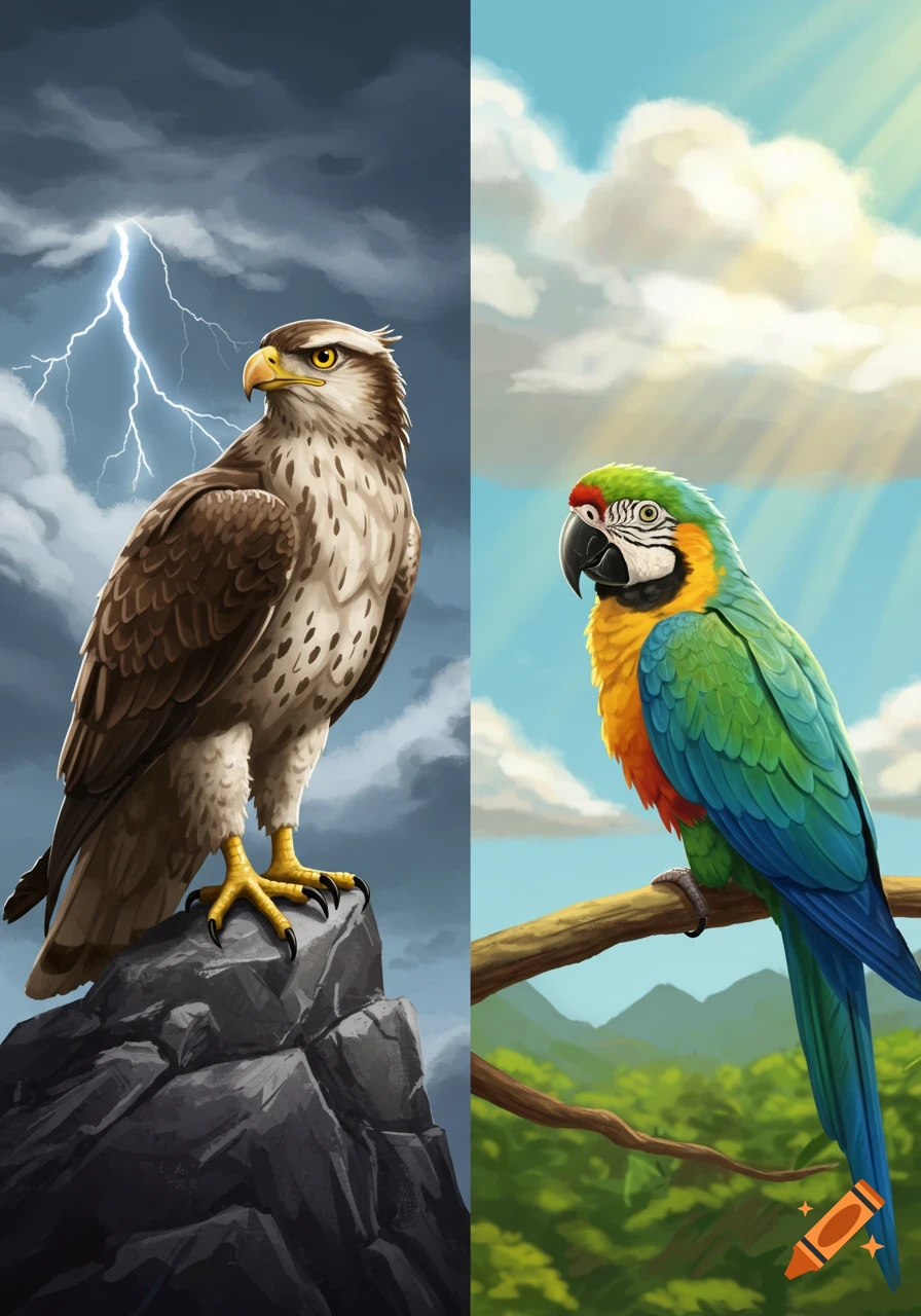 Split image of a hawk on rocks under a stormy sky with lightning, and a colorful parrot on a branch under a sunny sky.