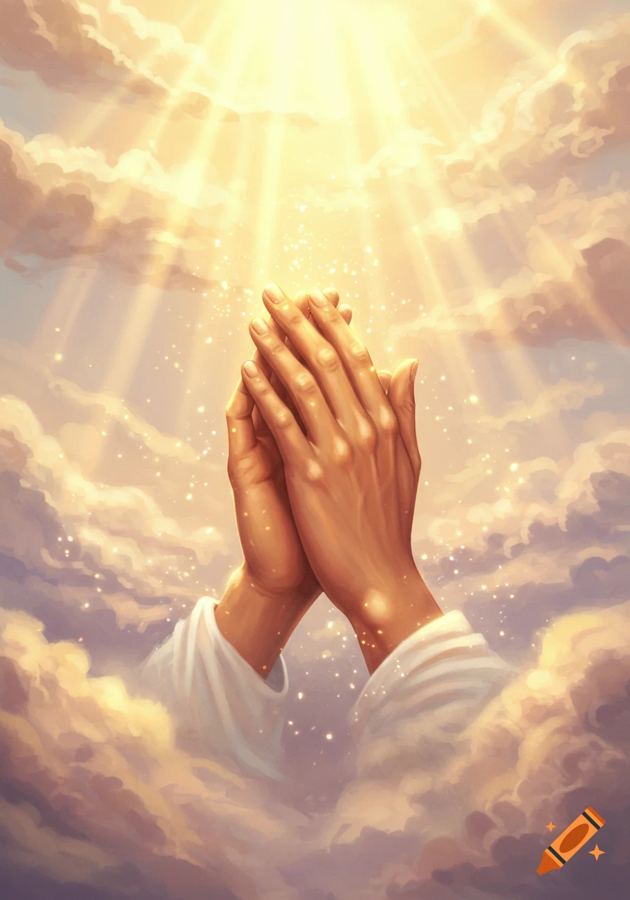 A painterly image of two hands clasped in prayer, emerging from white clouds under golden rays of light, with sparkling dust.