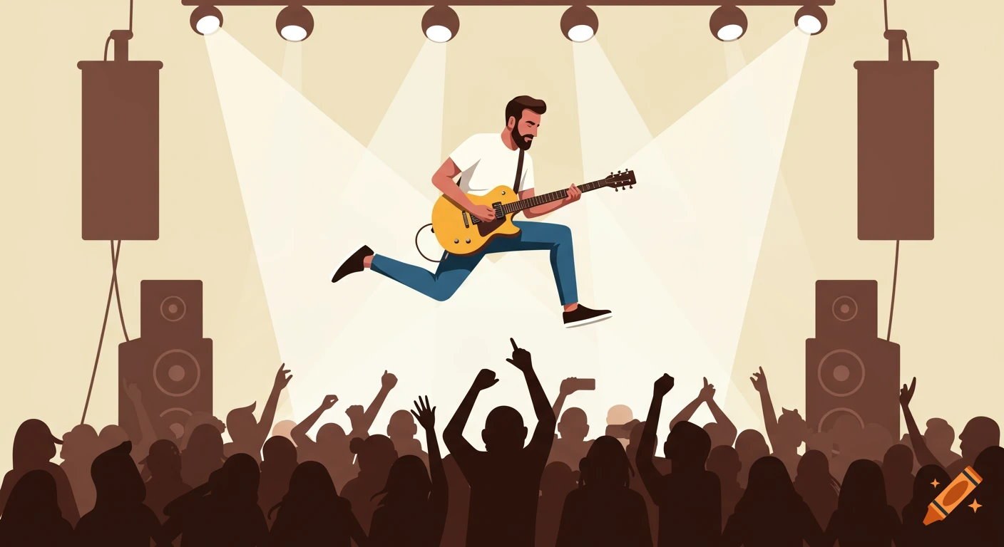 A male rock musician jumps while playing an electric guitar above a cheering crowd at a concert, depicted in a flat design illustration.