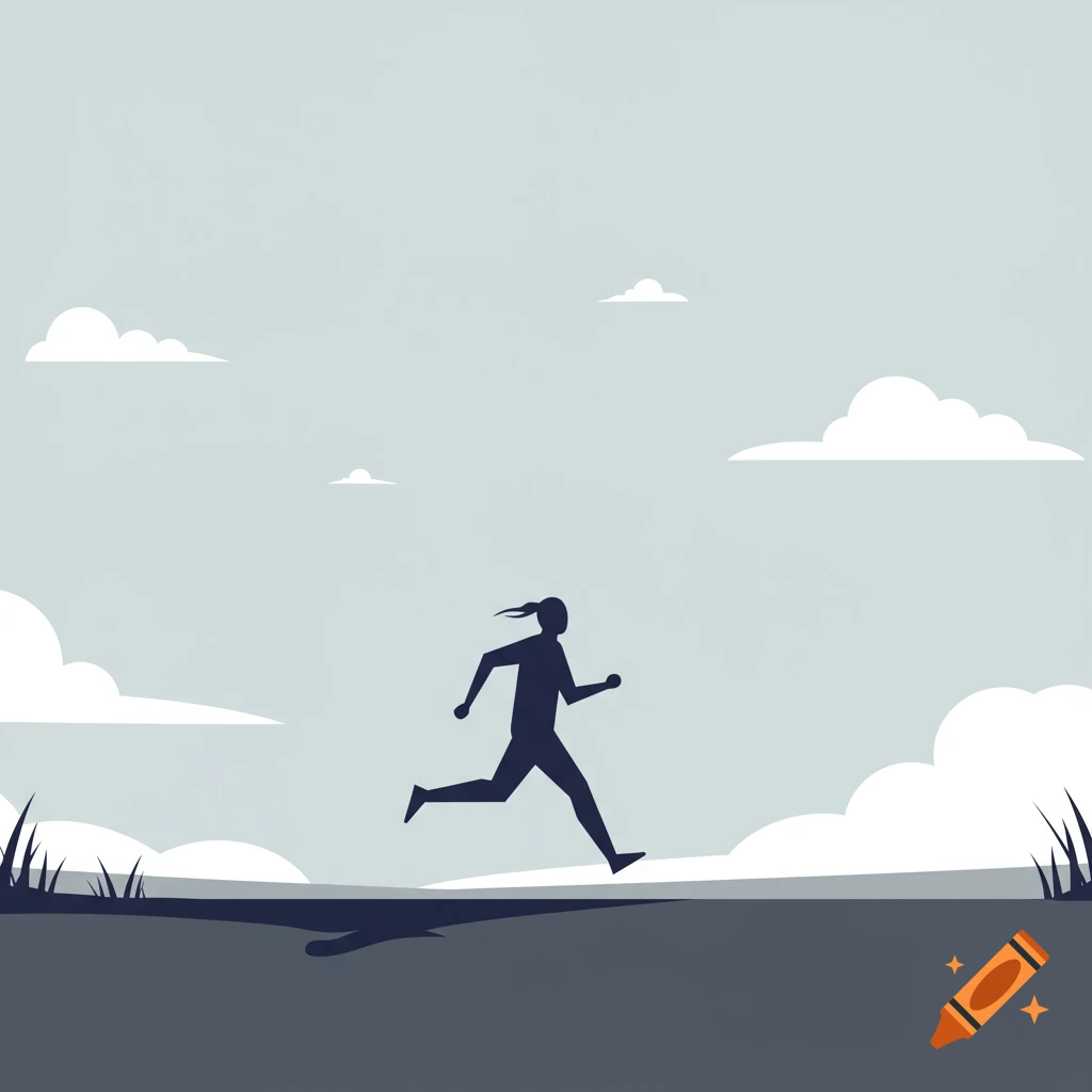 Minimalist illustration of a person's silhouette running outdoors under a cloudy sky.