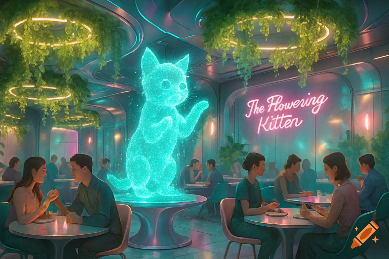 A futuristic restaurant named 'The Flowering Kitten' with a glowing blue cat hologram and patrons at tables.