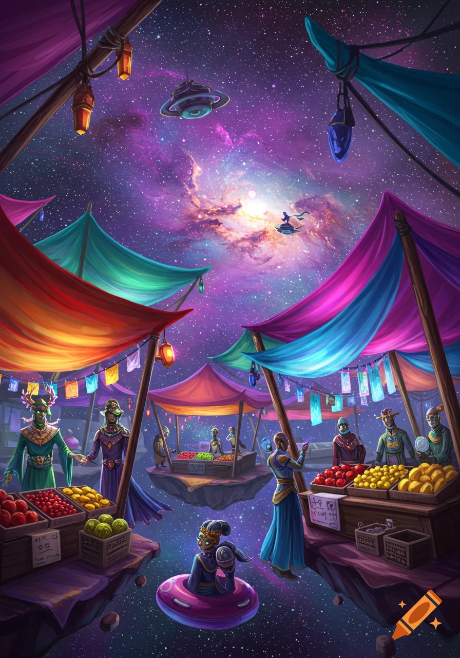 A vibrant, colorful space market with floating stalls, alien vendors, and a swirling galaxy backdrop, rendered in a fantasy art style.