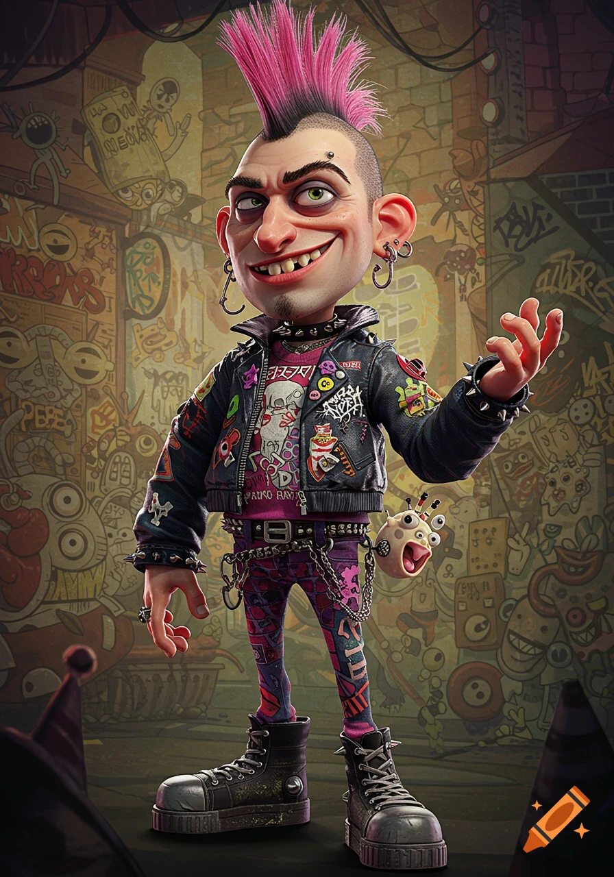 Stylized cartoon punk character with pink mohawk and piercings in a studded jacket, grinning in a graffiti-covered alley.