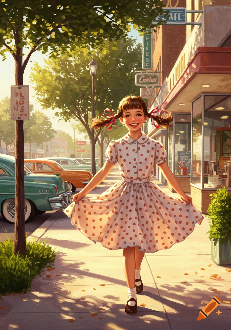 A smiling girl with pigtails and a polka dot dress walks on a sunny 1950s street with classic cars and storefronts in an illustration style.