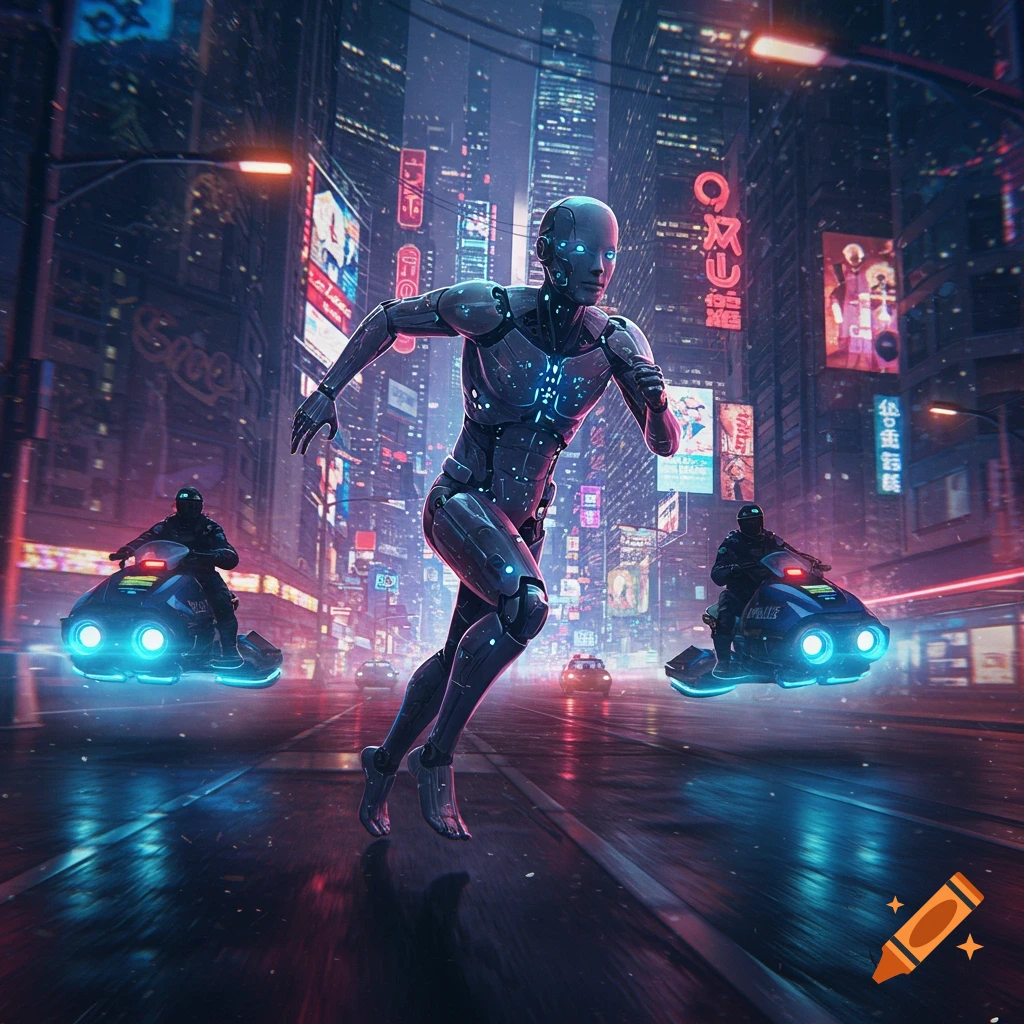 A futuristic cyborg runs through a neon-lit cyberpunk city at night, pursued by police on glowing hoverbikes.