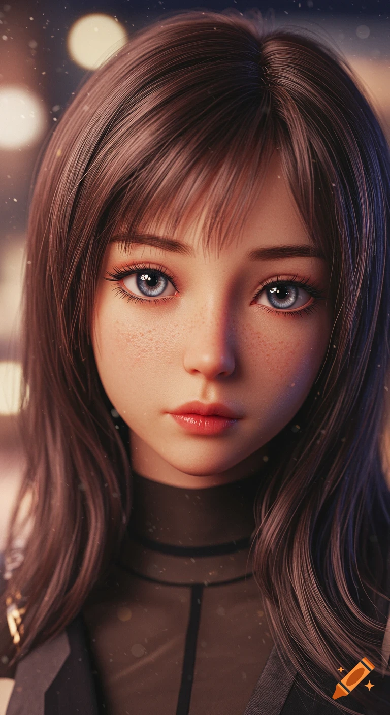 A hyper-realistic close-up portrait of an anime-style girl with brown hair and blue eyes, against a blurred background with bokeh.
