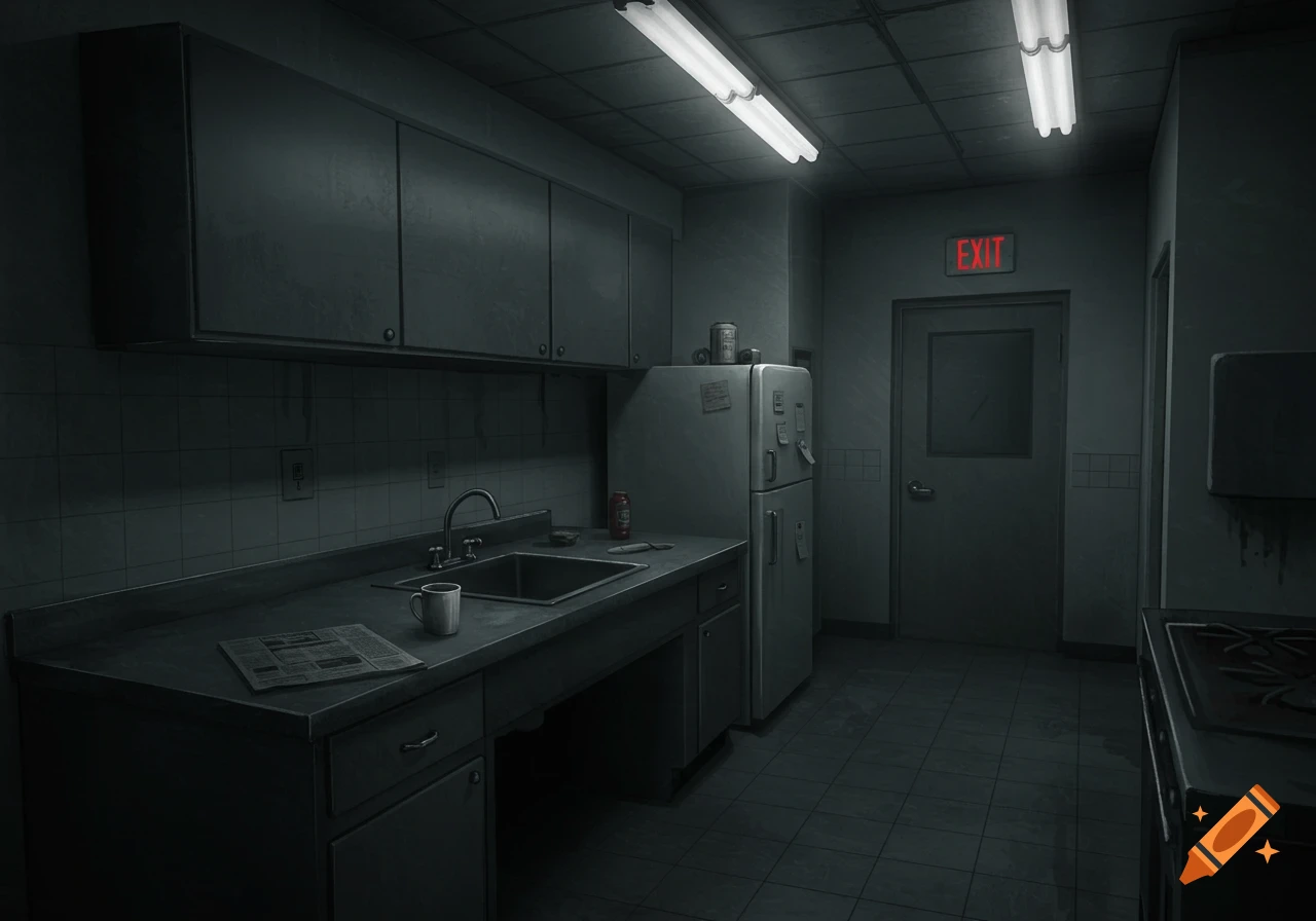 A dark, ominous office kitchen with countertops, a sink, refrigerator, and an illuminated 'EXIT' sign above a door.