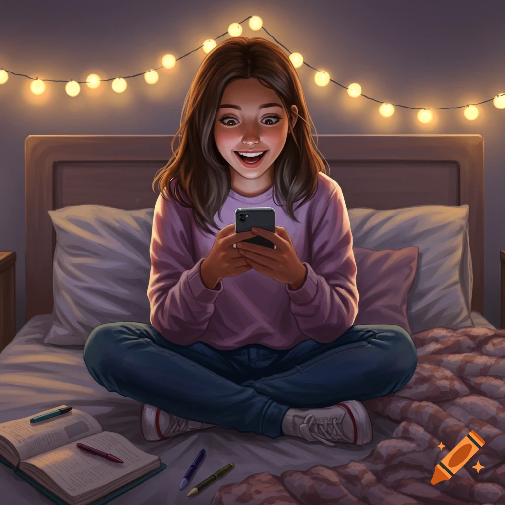 Stylized digital art of a smiling girl sitting cross-legged on a bed, looking happily at her smartphone, with string lights above and a book open on the bed.