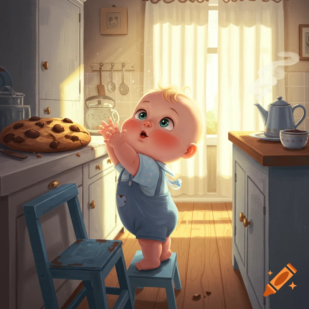 A cute, chubby baby in blue overalls stands on stools, reaching for a giant chocolate chip cookie on a sunlit kitchen counter.