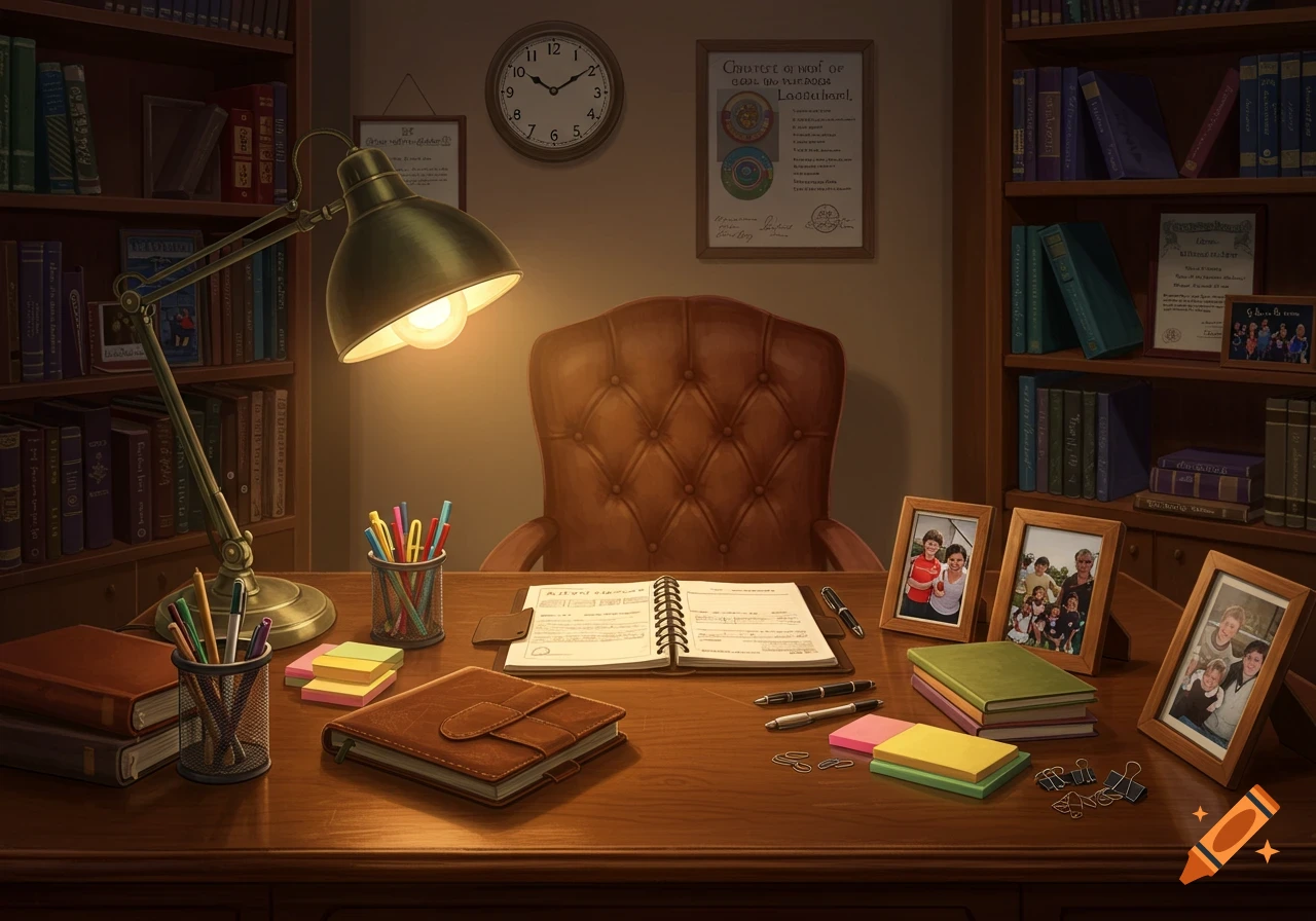 A well-lit vintage office desk in a library with books, pens, a lamp, an open notebook, and framed family photos.