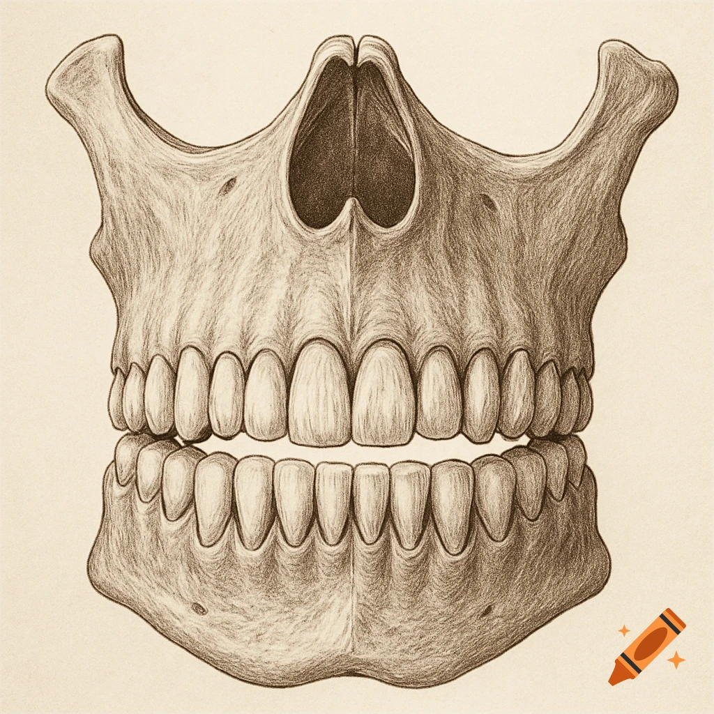 A detailed monochromatic pencil drawing of a human maxilla and mandible, showing the upper and lower teeth from a frontal view.