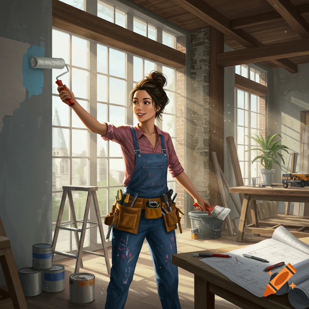 An illustrated woman in overalls paints a wall in a sunlit room under renovation, with tools and blueprints around her.