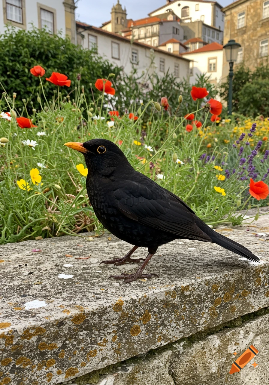 A blackbird with a bright yellow beak stands on a mossy stone wall in a vibrant urban garden with wildflowers and buildings in the background.