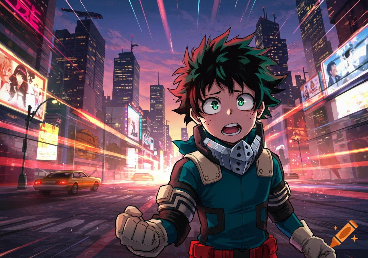 An anime character, Deku from My Hero Academia, stands in a vibrant, glowing cityscape at sunset.