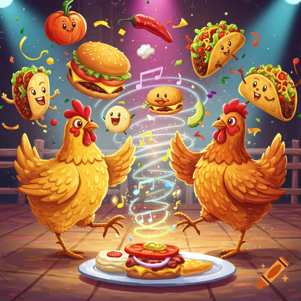 Two whimsical cartoon chickens dance on a stage with musical notes and floating cartoon hamburgers, tacos, and vegetables.