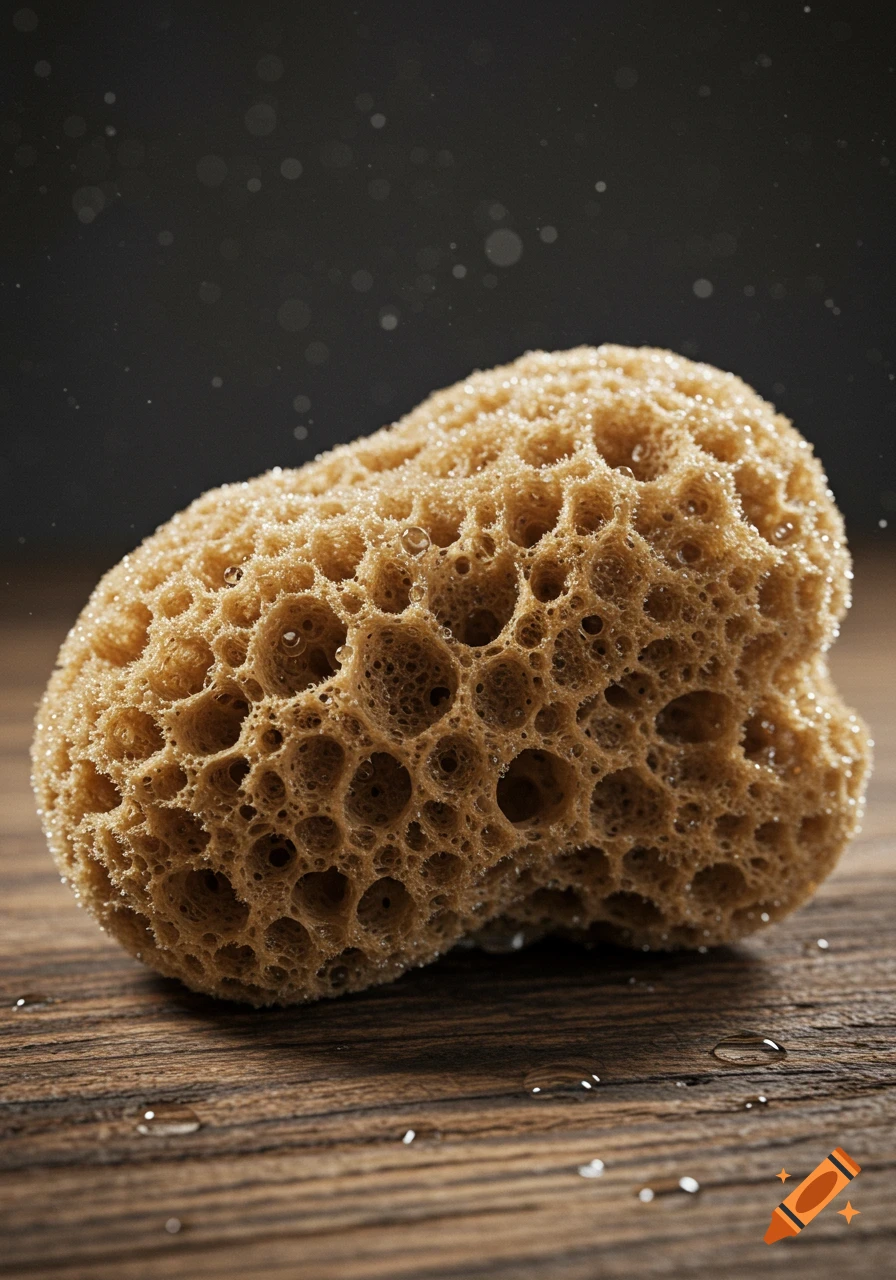 A close-up, photorealistic image of a wet, porous natural sponge on a rustic wooden surface with water droplets.