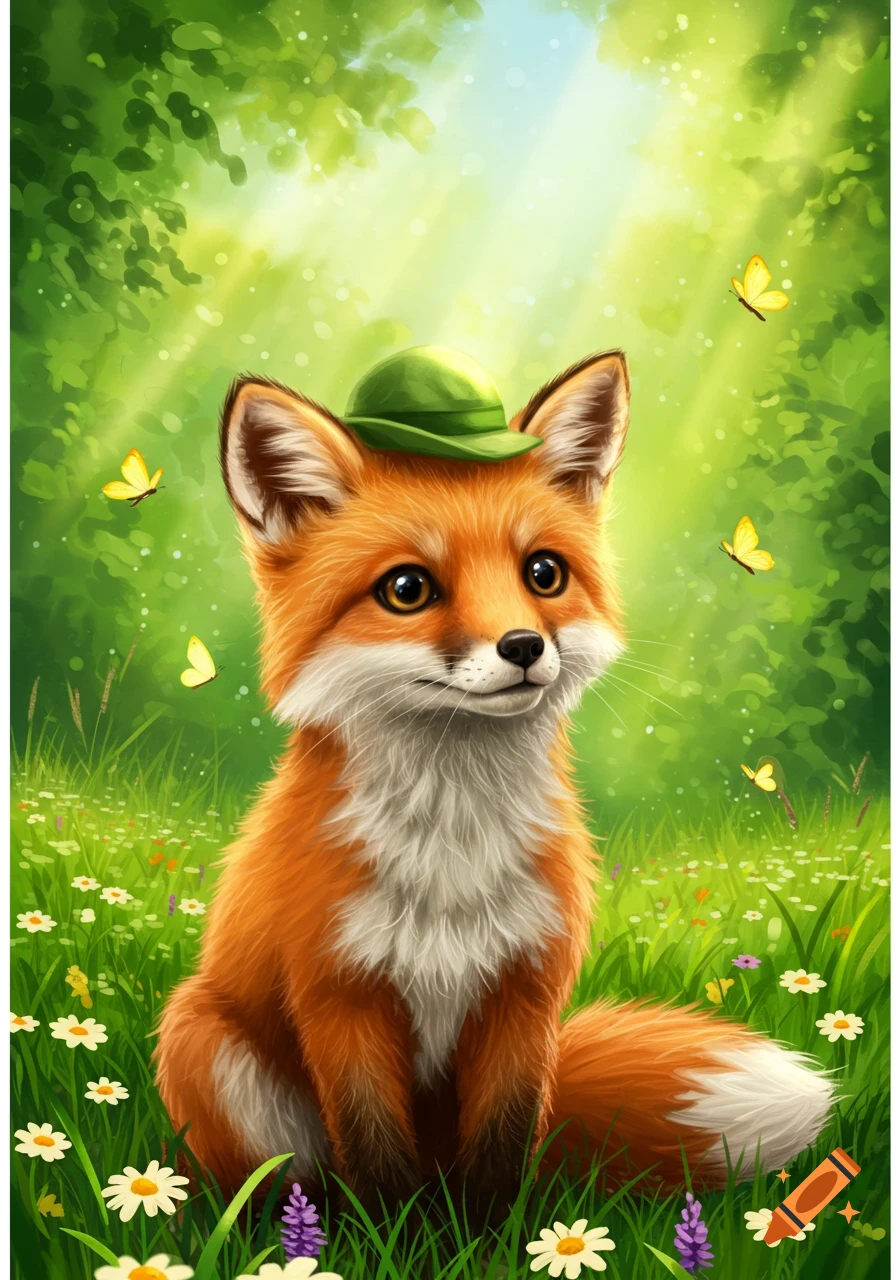 A cute, orange and white fox wearing a green hat sits in a sunny green field with flowers and butterflies.