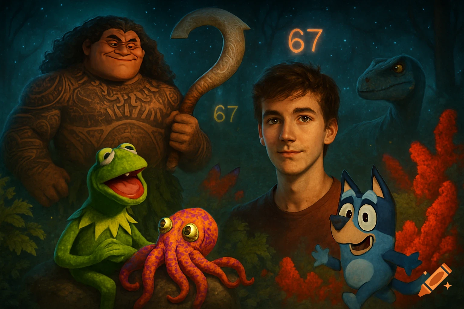 A vibrant digital art piece featuring Maui, Kermit, an octopus, Bluey, a dinosaur, and a young man, with '67' glowing.