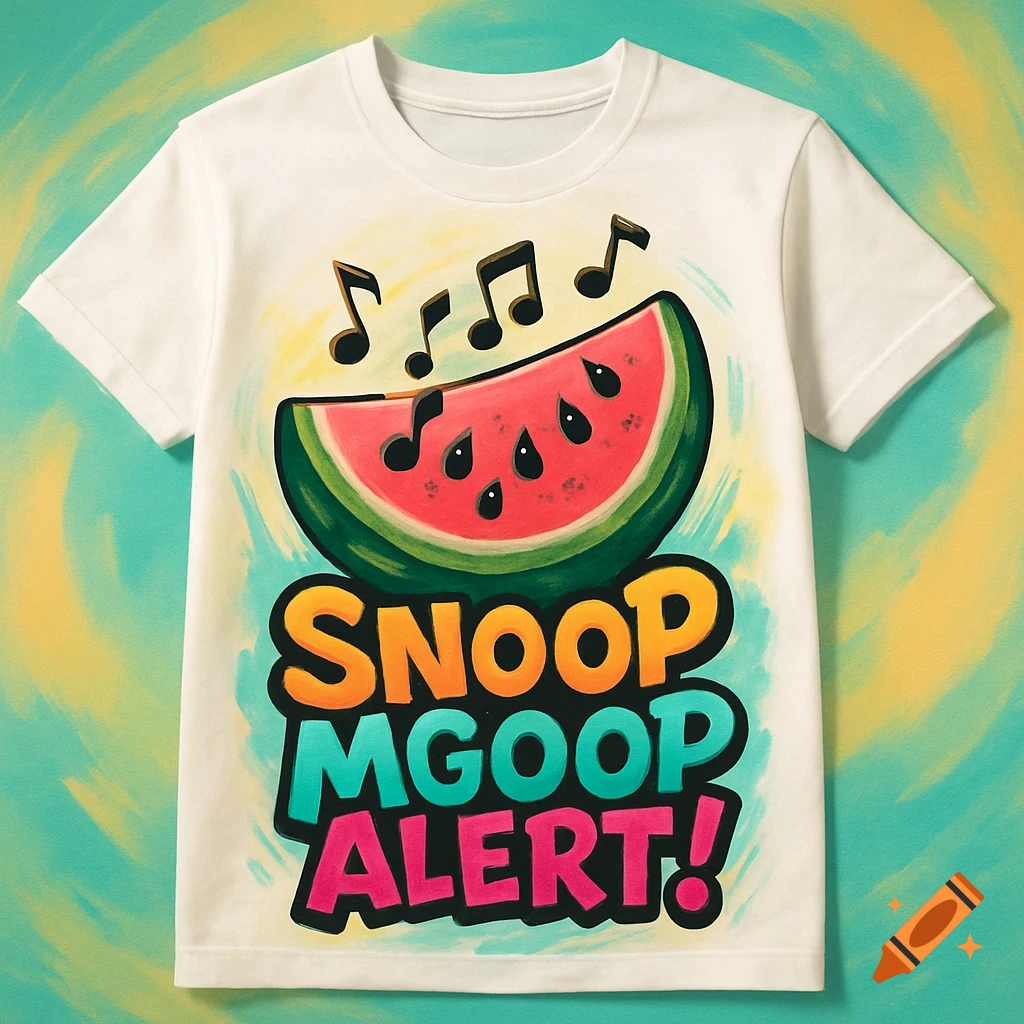 A white t-shirt with a colorful cartoon design featuring a watermelon slice with musical notes and the words "SNOOP MGOOP ALERT!" in bold, playful lettering.