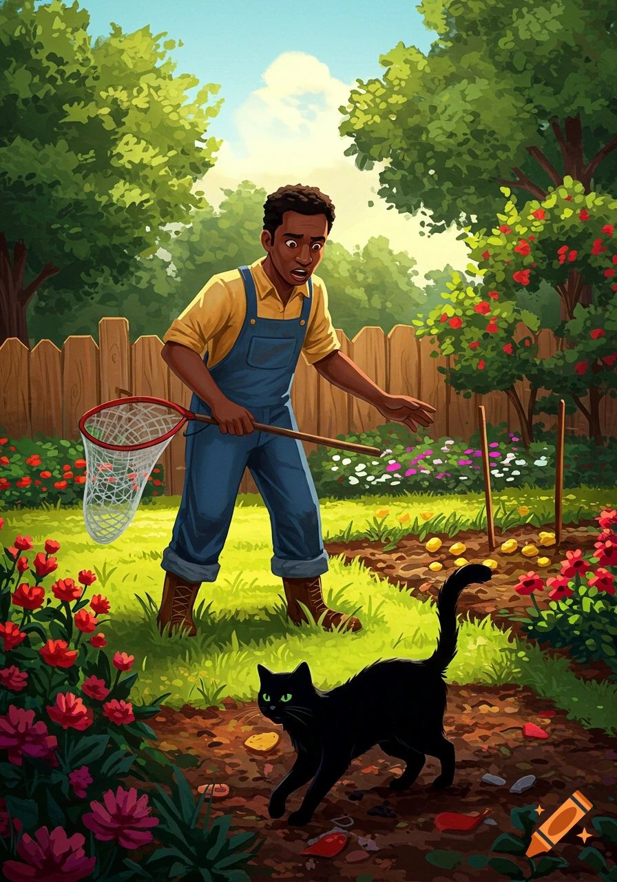 An illustration of a man in overalls with a net looking at a black cat in a vibrant garden with flowers and trees.
